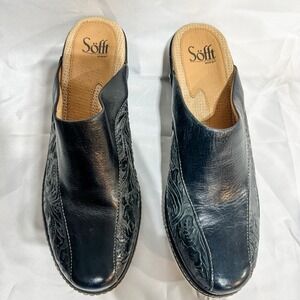 Sofft Mules Black Leather Floral High Heels Slip On Womens 9 1/2 M Shoes Bicycle